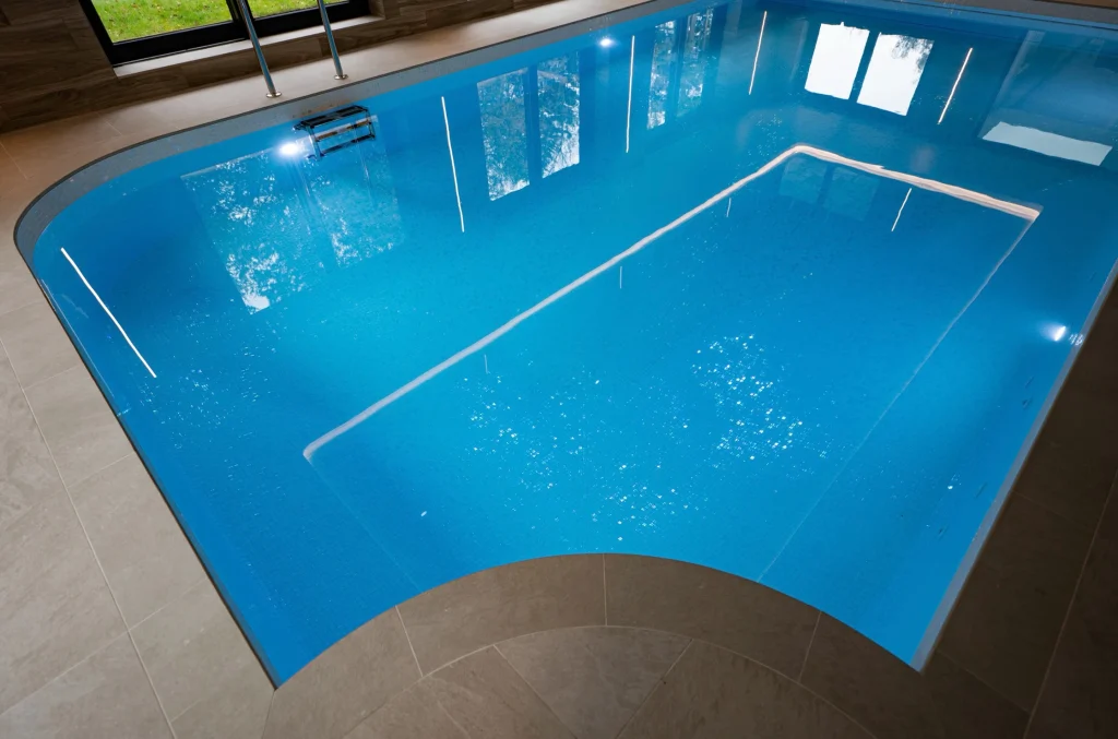 Indoor swimming pool with bright blue water and lane markings